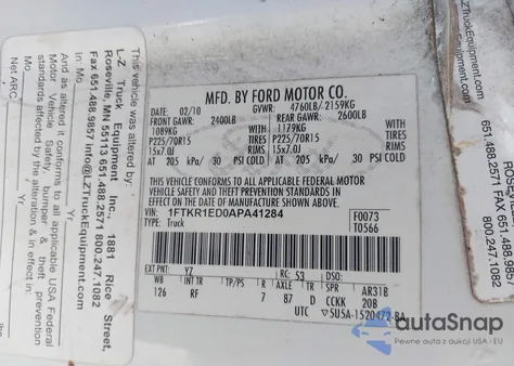 2010 Ford Ranger Xl/Xlt z USA, uszkodzony, nr VIN 1FTKR1ED0APA41284